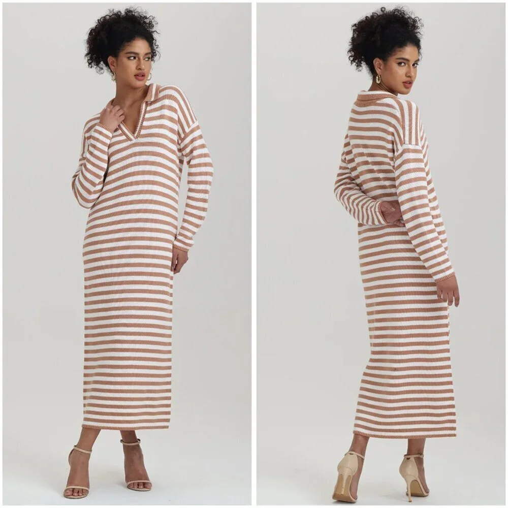 525 America Raya Stripe Polo Knit Sweater Dress in Walnut Multi Size M LIKE NEW